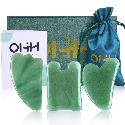 Gua Sha Massage Tools Set, Aventurine Natural Stone Guasha Board for Face and Body, Skincare Gua Sha Facial Massager for SPA Acupuncture Therapy Trigger Point Treatment, Pack of 3